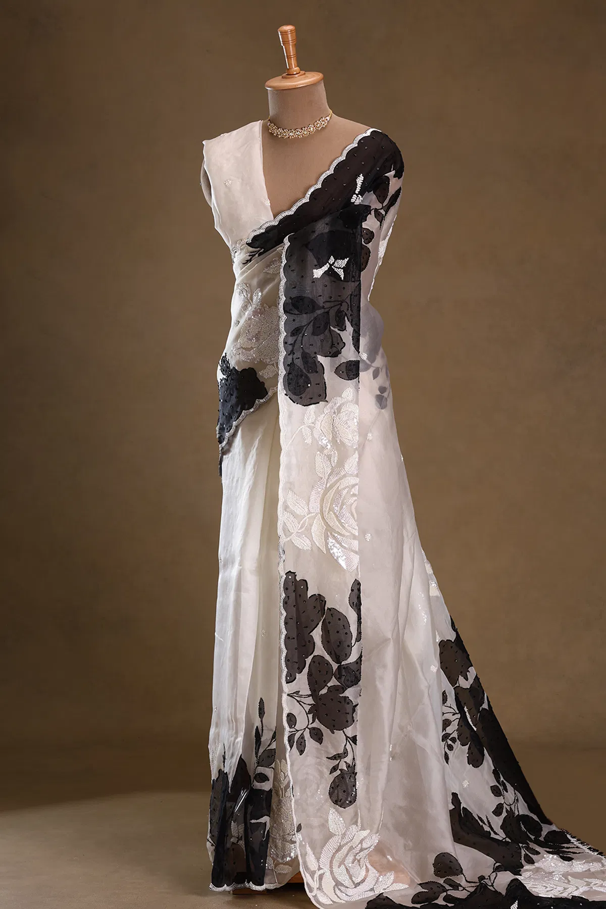 White and black sequins embroidered organza